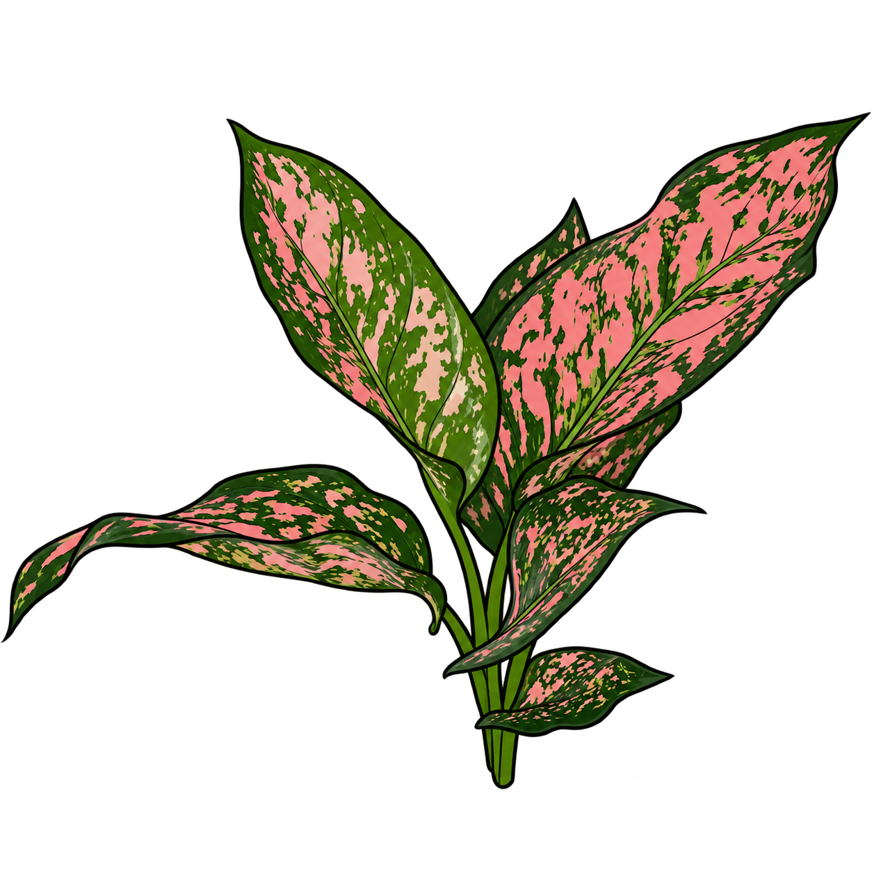 Black-outlined botanical illustration of Pink Lady Valentine Aglaonema: Broad pink variegated fields; irregular green flecking and margins; pointed oval leaves