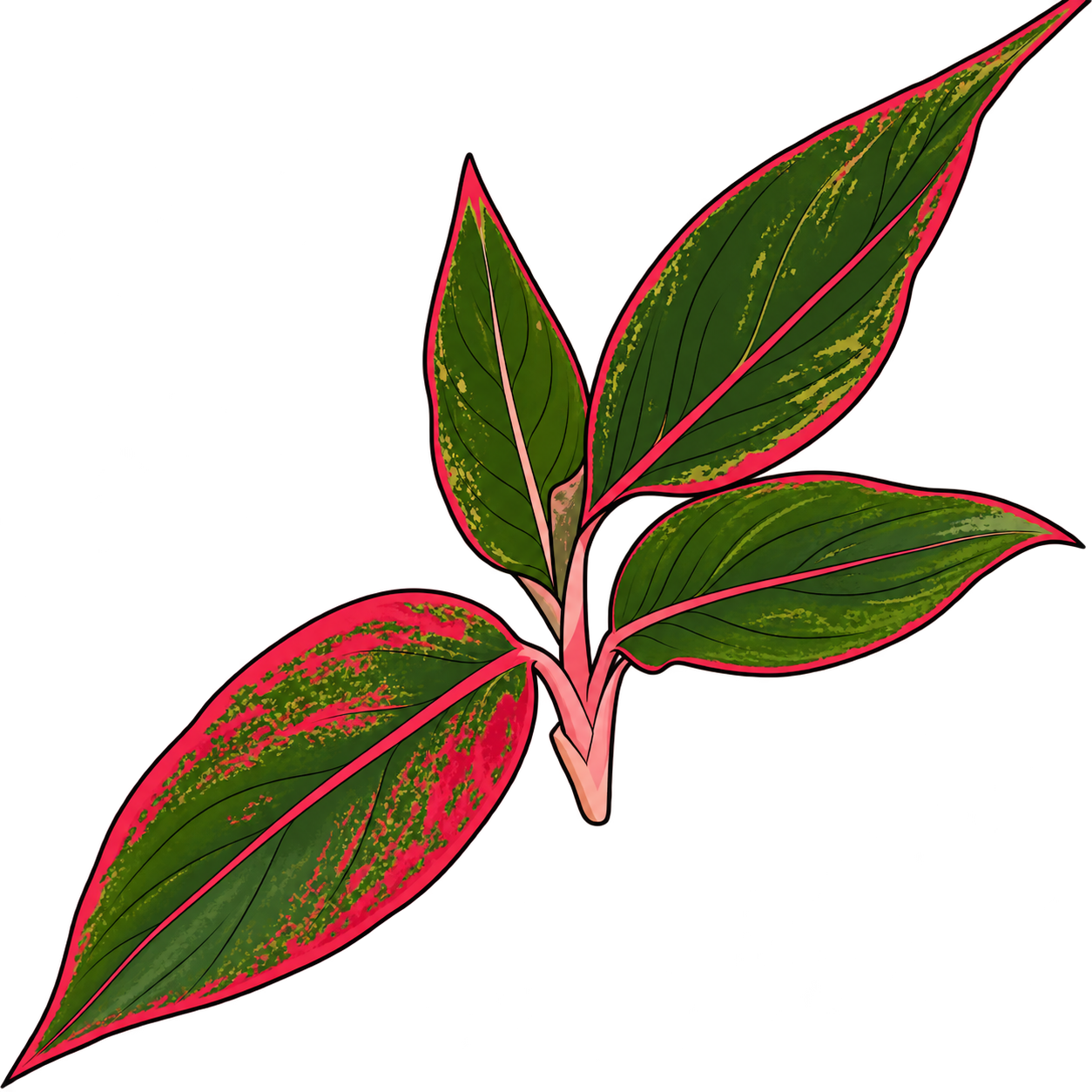 Black-outlined botanical illustration of Siam Aurora Aglaonema: Red-pink leaf margins and midrib; green pointed blades; pale pink petioles