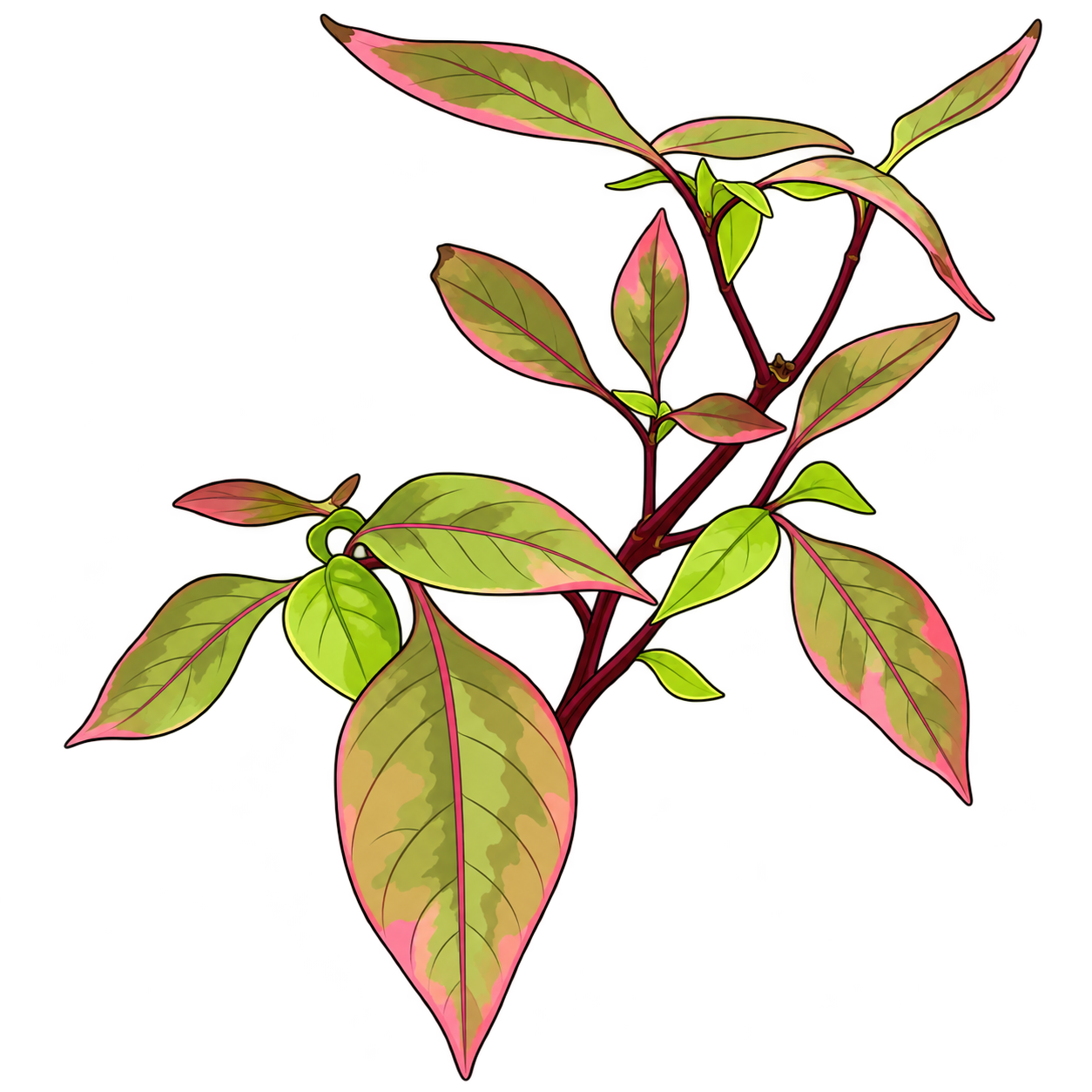 Black-outlined botanical illustration of Magenta Daydream Alternanthera: Burgundy branching stems; Opposite elongate leaves; Green bronze pink fields; Magenta midveins; Large drooping lower leaf