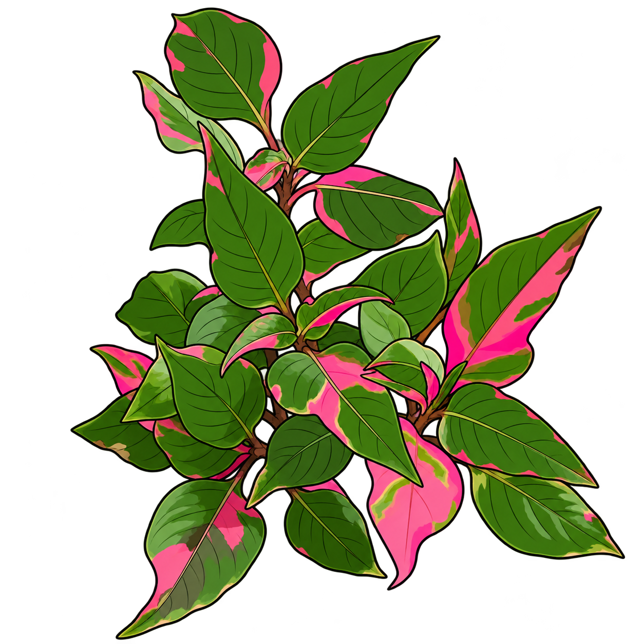 Black-outlined botanical illustration of Party Time Alternanthera: Opposite pointed ovate leaves; Irregular bubblegum-pink sectors; Dark-green fields; Brown branching stems