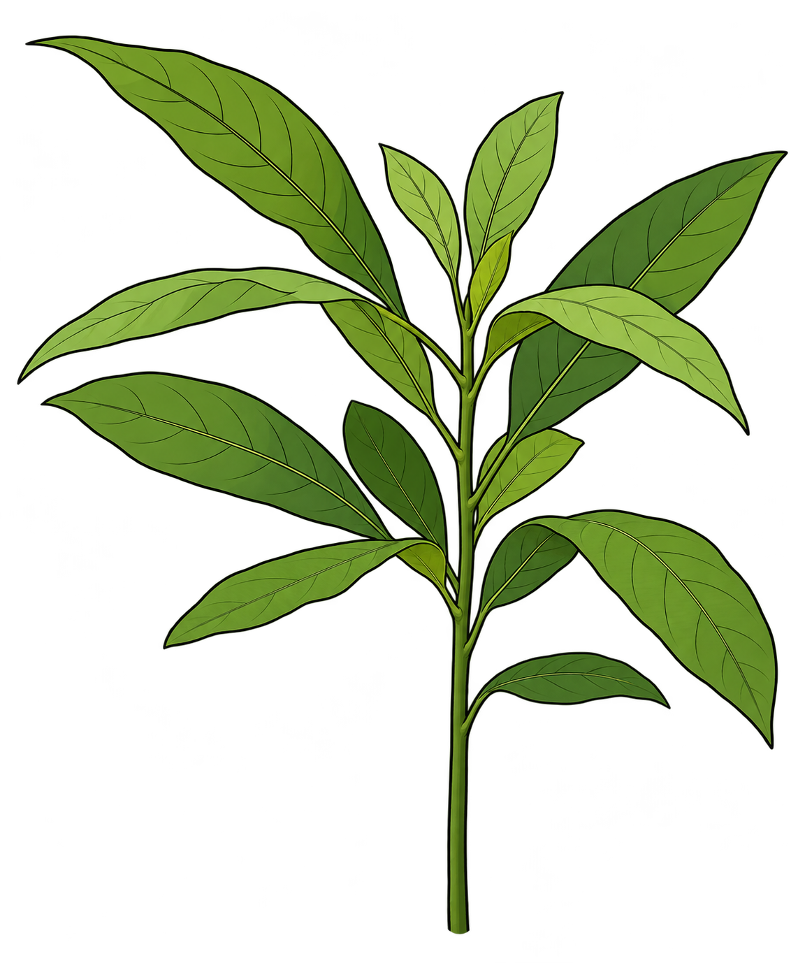 Black-outlined botanical illustration of Seed-Grown Avocado: Slender upright green juvenile stem; alternate simple pointed green leaves; elongated oval to lance-shaped blades; branching pinnate veins.