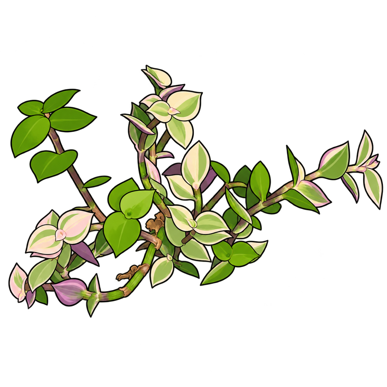 Black-outlined botanical illustration of Rosato Pink Lady Turtle Vine: Articulated trailing stems; Small pointed ovate leaves; Green cream pale pink sectors; Purple underside and stems