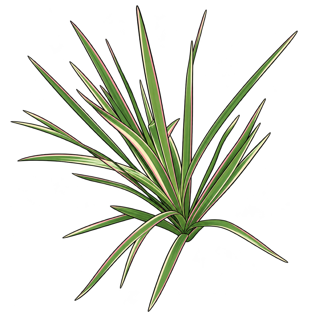 Black-outlined botanical illustration of Colorama Dragon Tree: Very narrow radiating blades; Ivory green striping; Pink leaf edges; Juvenile crown