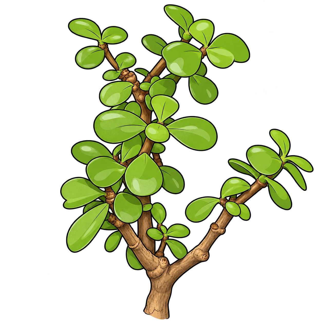 Black-outlined botanical illustration of Elephant Bush: Forked woody trunk; taller central leader and shorter right branch; small opposite fleshy rounded leaves; bright green foliage.