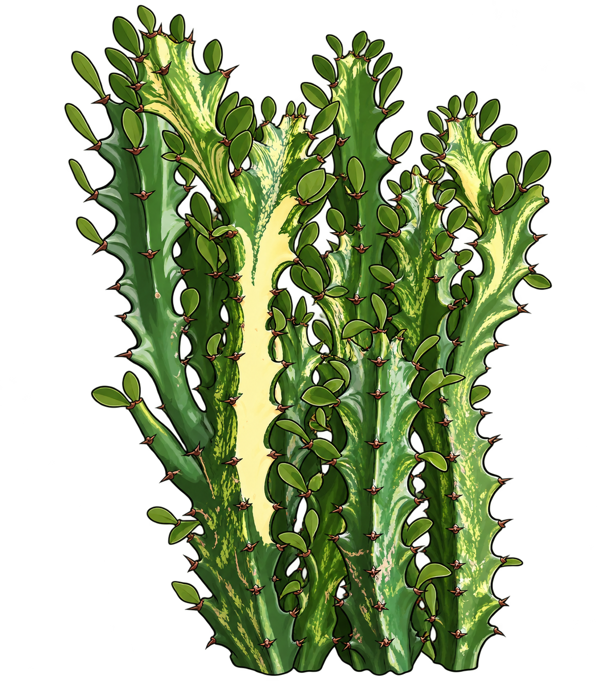 Black-outlined botanical illustration of Mint Cream Euphorbia: Upright angular winged stems; scalloped edges; broad cream stripe with mint-green marbling; small oval marginal leaves; short paired reddish-brown thorns.