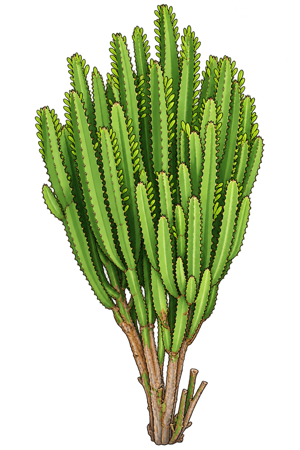 Black-outlined botanical illustration of African Milk Tree: Woody brown base; many upright angular green columns; winged scalloped stem edges; short paired thorns; small marginal spatula-shaped leaves.