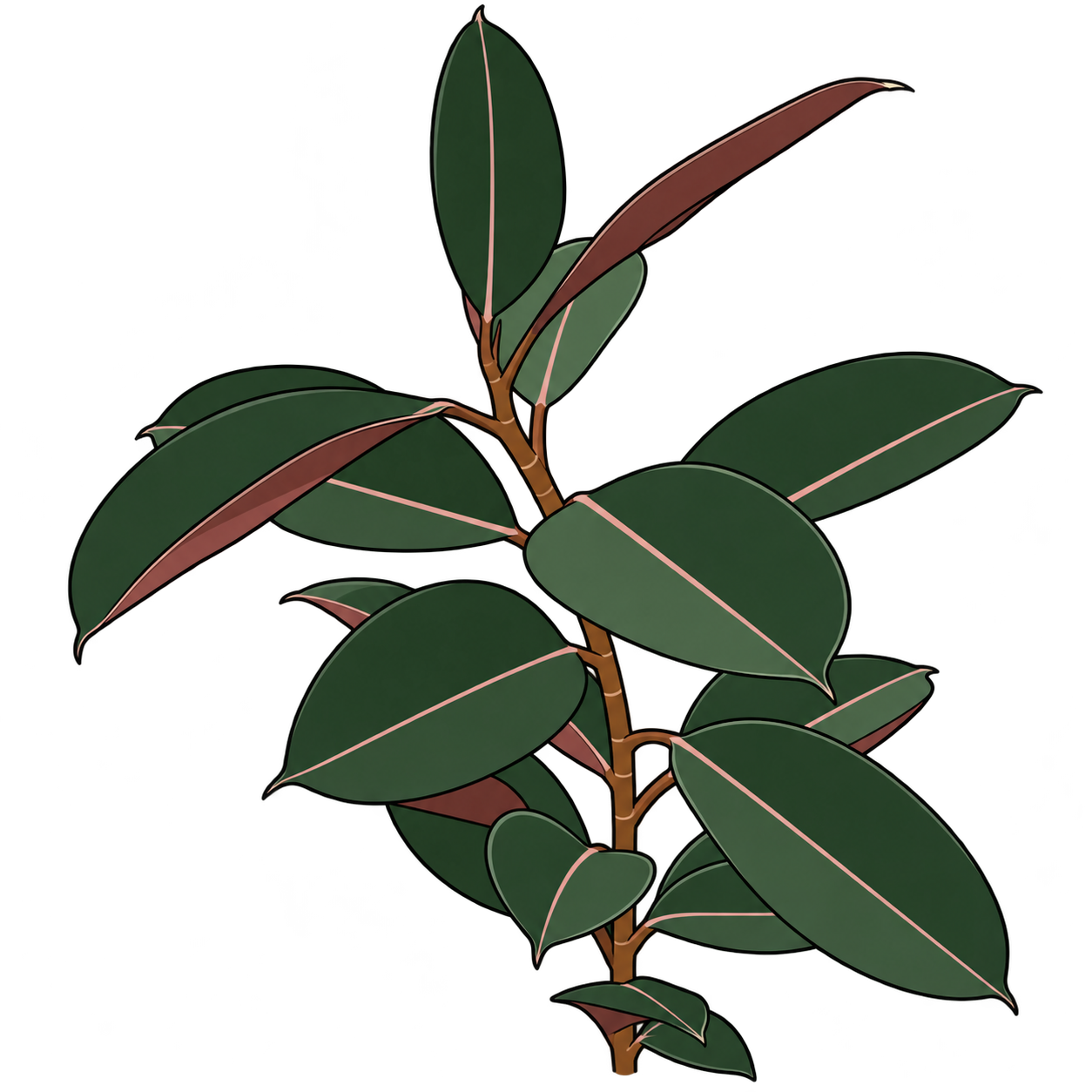 Black-outlined botanical illustration of Burgundy Rubber Tree: Broad elliptic dark-green leaves; Burgundy undersides; Alternating petioles; Upright woody stem; Folded upper leaf