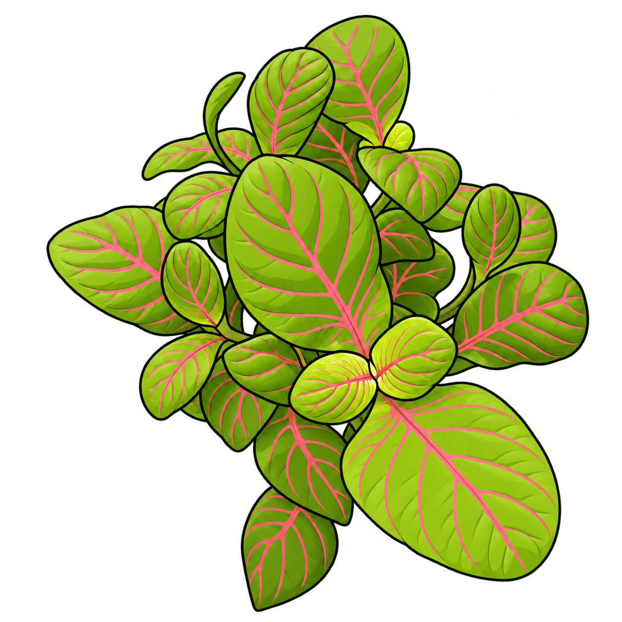Black-outlined botanical illustration of Bubble Green Nerve Plant: Rounded puckered bright-green blades; Thin open pink vein networks; Varied paired leaf sizes