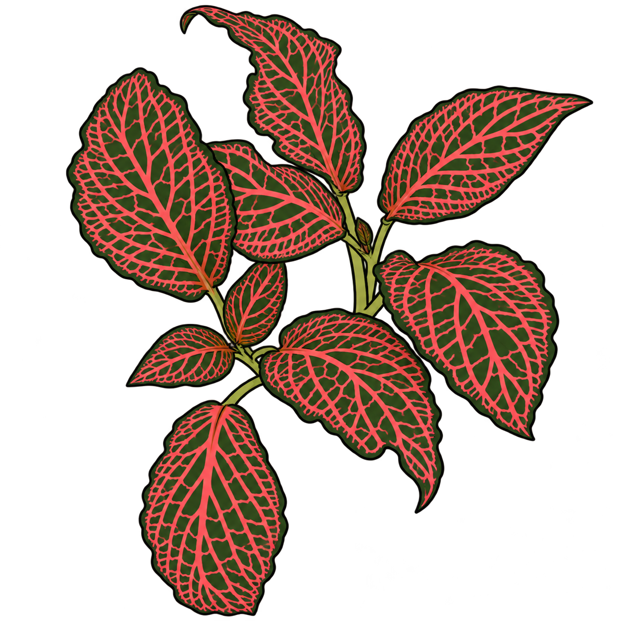 Black-outlined botanical illustration of Firetail Nerve Plant: Dark-green pointed oval blades; Salmon-pink veins; Irregular leaf edges; Hanging front leaf