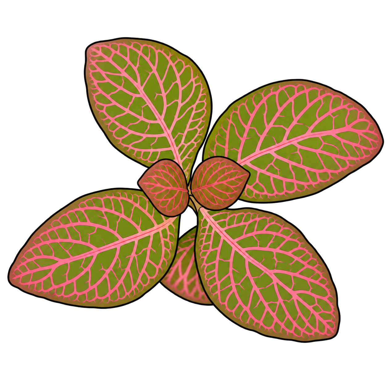 Black-outlined botanical illustration of Pink Relay Nerve Plant: Four principal oval blades; Bright pink reticulate veins; Green fields; Reddish paired central leaves