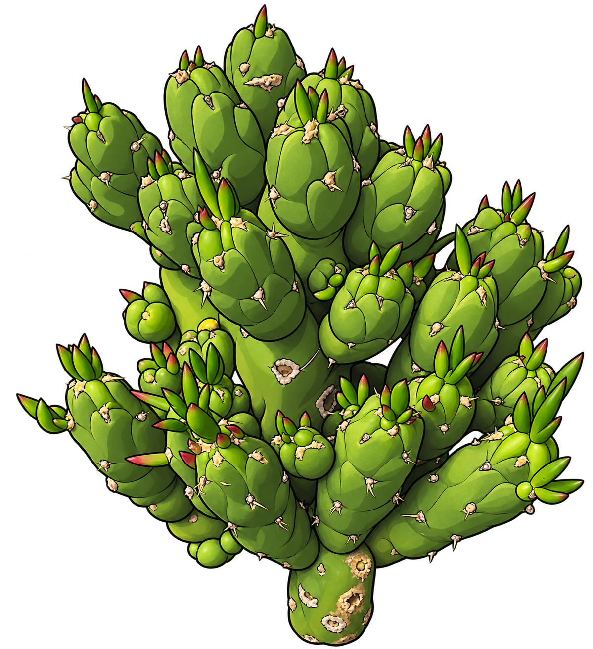 Black-outlined botanical illustration of Gumby Cactus: Irregular green cylindrical and oval stem knobs; clustered offsets and constricted joints; scattered cream areoles; sparse yellow-brown spines; short pointed new leaflets with red tips.