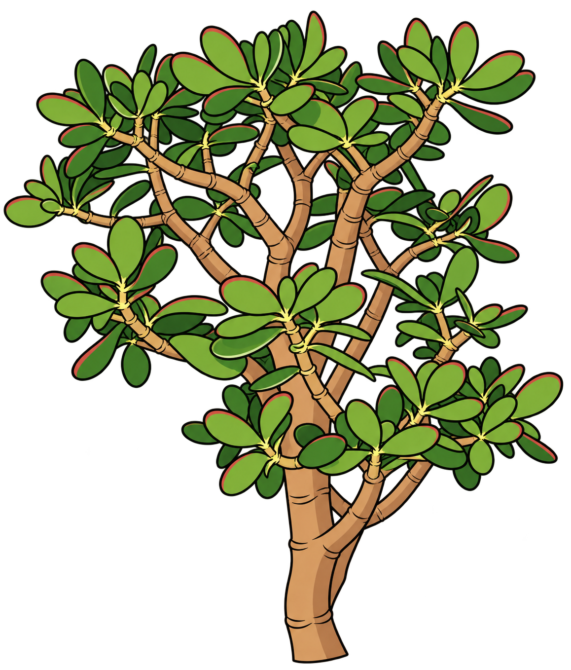Black-outlined botanical illustration of Classic Jade: Thick pale-brown branching trunk; irregular open rounded crown; opposite thick oval green leaves; rounded leaf ends and subtle red margins.