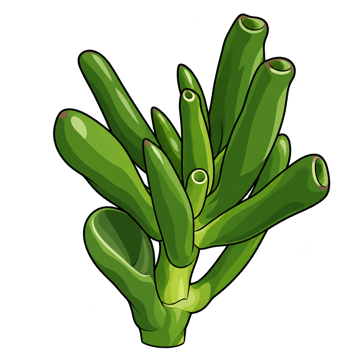 Black-outlined botanical illustration of Gollum Jade: Short upright succulent stem; clustered green tubular leaves; open cup-like or trumpet-shaped leaf tips; uneven juvenile crown.