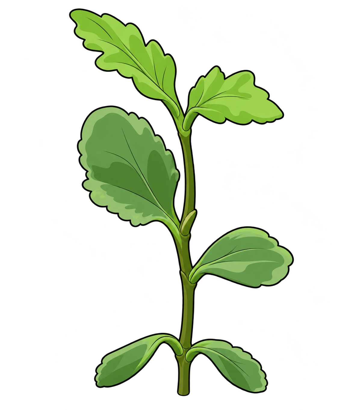 Black-outlined botanical illustration of Fern-Leaf Kalanchoe: Slender upright juvenile green stem; spaced fleshy green leaves; lower spoon-shaped leaves with scalloped edges; small upper leaves with emerging lobes.
