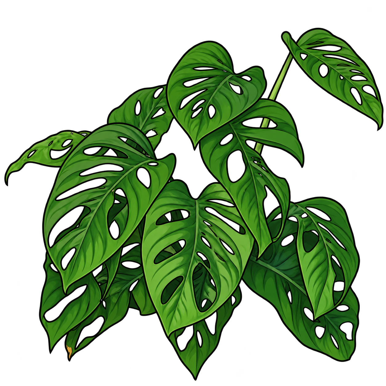 Black-outlined botanical illustration of Swiss Cheese Vine: Oval pointed green leaves; Enclosed elongated holes within otherwise intact margins; Climbing or trailing stem habit and asymmetric fenestrations