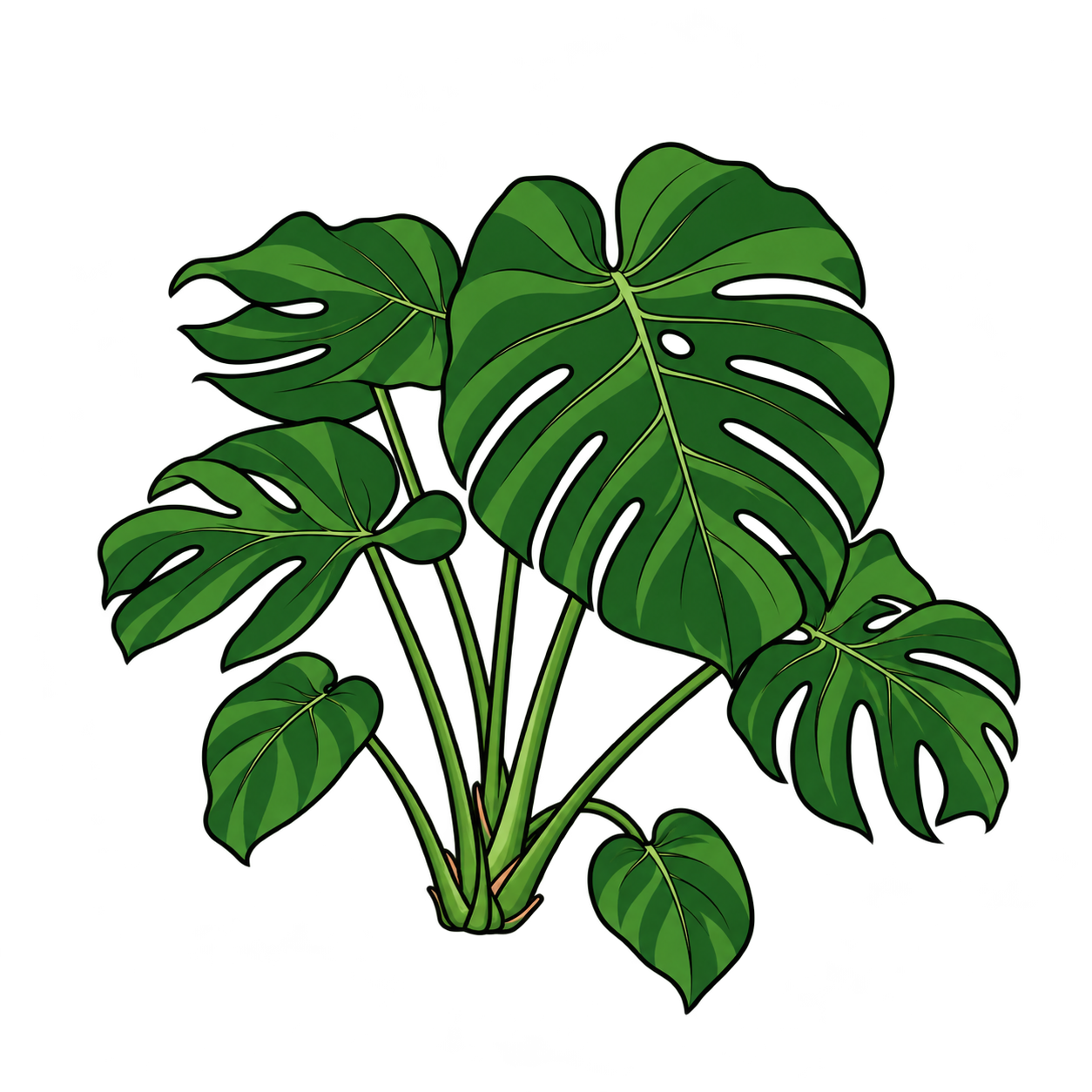 Black-outlined botanical illustration of Green Monstera: Solid green mature and juvenile blades; Deep marginal splits and enclosed natural leaf openings; Short basal stem with separate long petioles