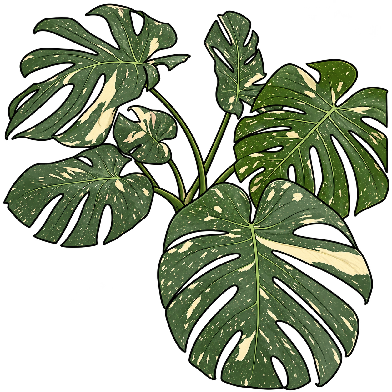 Black-outlined botanical illustration of Sky Constellations Monstera: Unequal mature lobes and fenestrations; cream flecks and larger sectors; long climbing petioles