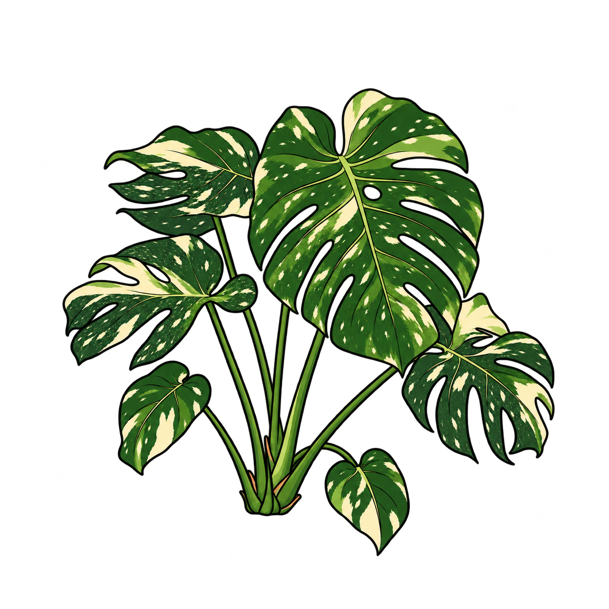 Black-outlined botanical illustration of Spots Mysteriosa Monstera: Broad green and cream-marbled blades; Irregular cream sectors and fine pale speckling; Mature marginal splits and enclosed leaf openings; Short basal climbing stem with separate long green petioles and juvenile unsplit leaves