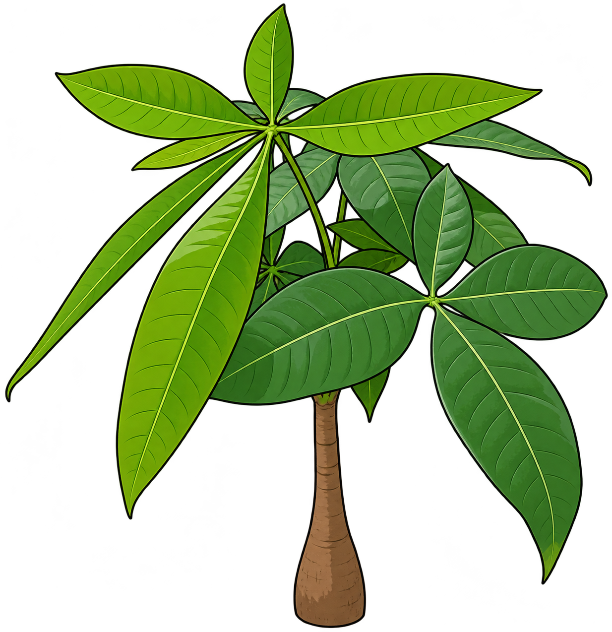 Black-outlined botanical illustration of Single-Trunk Money Tree: Single unbraided woody trunk with swollen base; palmately compound leaves; separate elongated pointed leaflets; lighter narrow upper leaflets and darker broader lower leaflets.