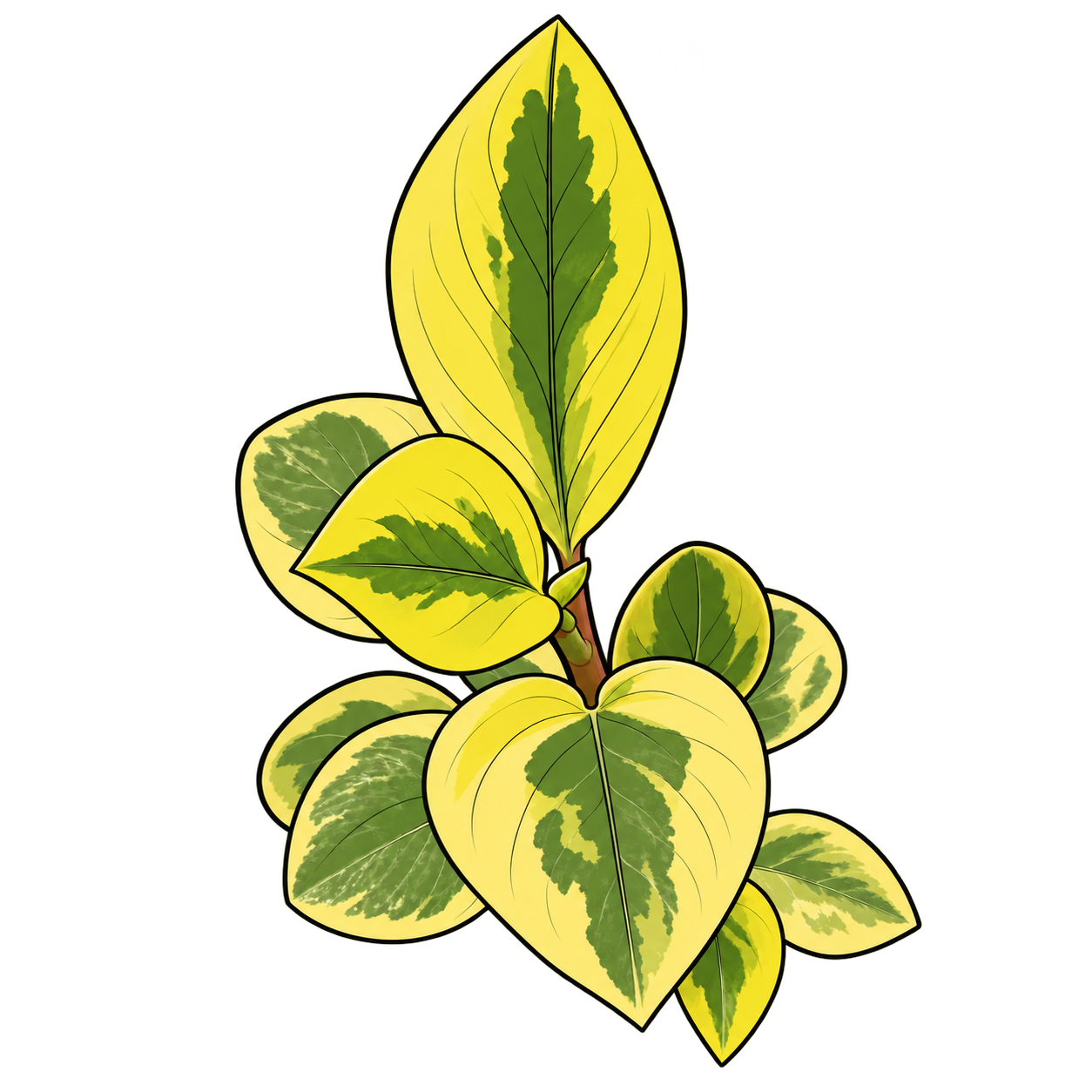 Black-outlined botanical illustration of Variegated Baby Rubber Plant: Thick juvenile oval blades; cream-yellow border sectors; irregular green central fields