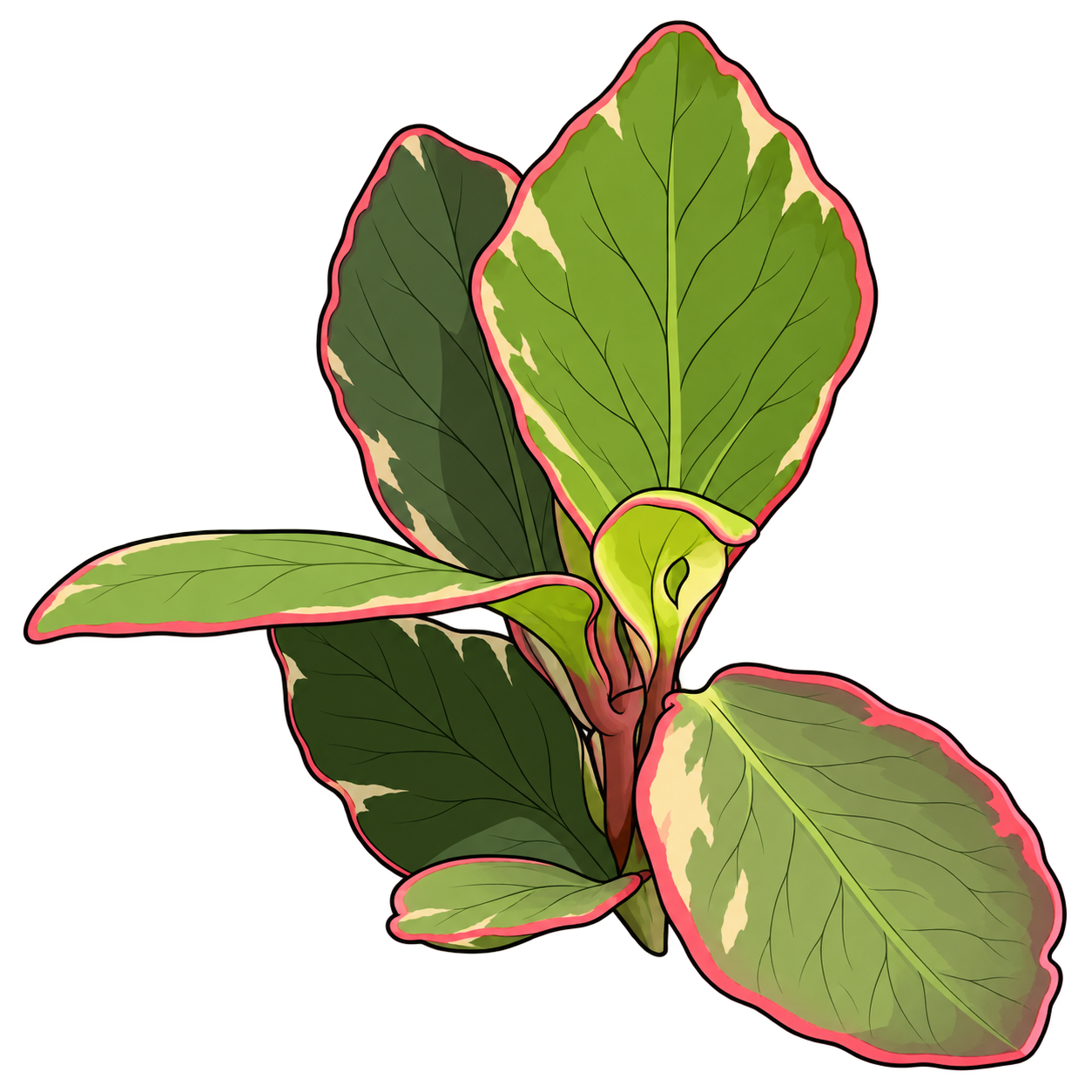 Black-outlined botanical illustration of Ginny Peperomia: Actual shallow scalloped/wavy oval leaf margins; pink-red edge bands; gray-green fields and red stems