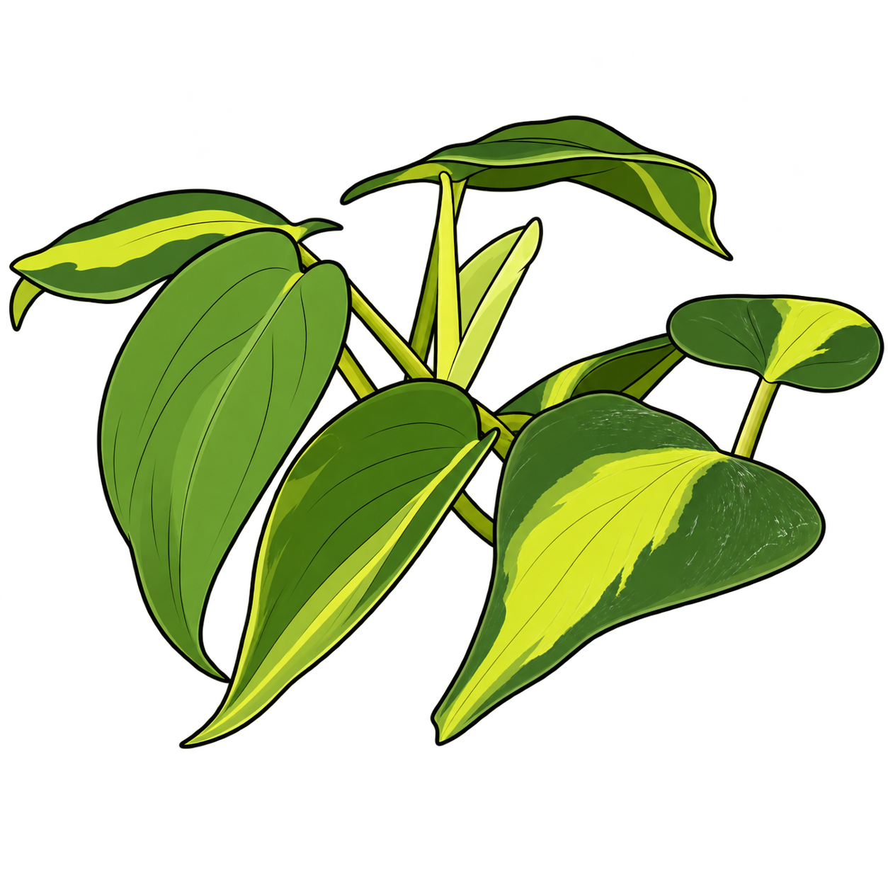 Black-outlined botanical illustration of Brasil Philodendron: Heart-shaped pointed leaves; Irregular yellow/chartreuse central sectors within dark green margins; Slender vining stems and petioles