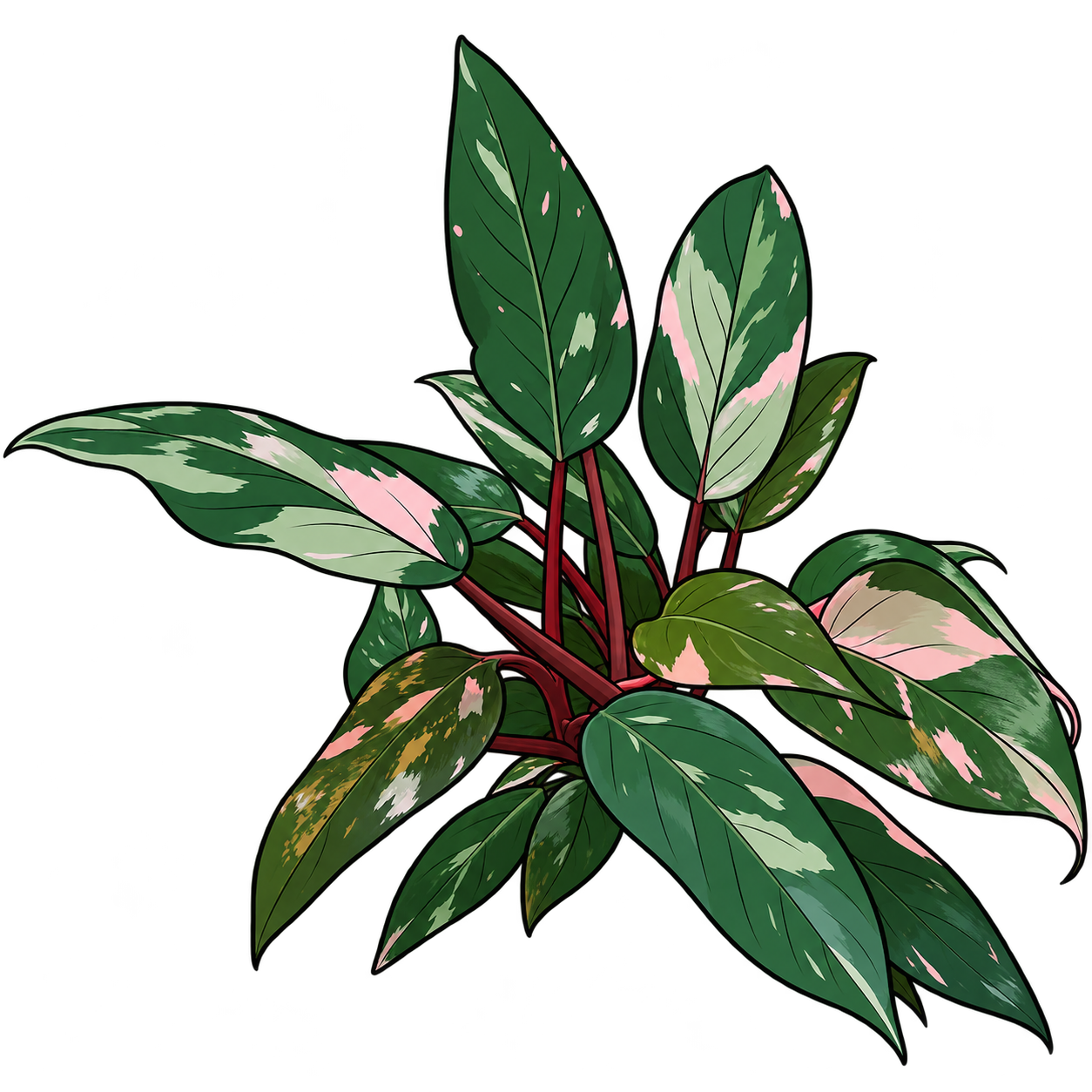 Black-outlined botanical illustration of Pink Princess Philodendron: Long pointed dark green blades; Irregular pale pink sectors and mottled flecks; Burgundy/red stems and petioles