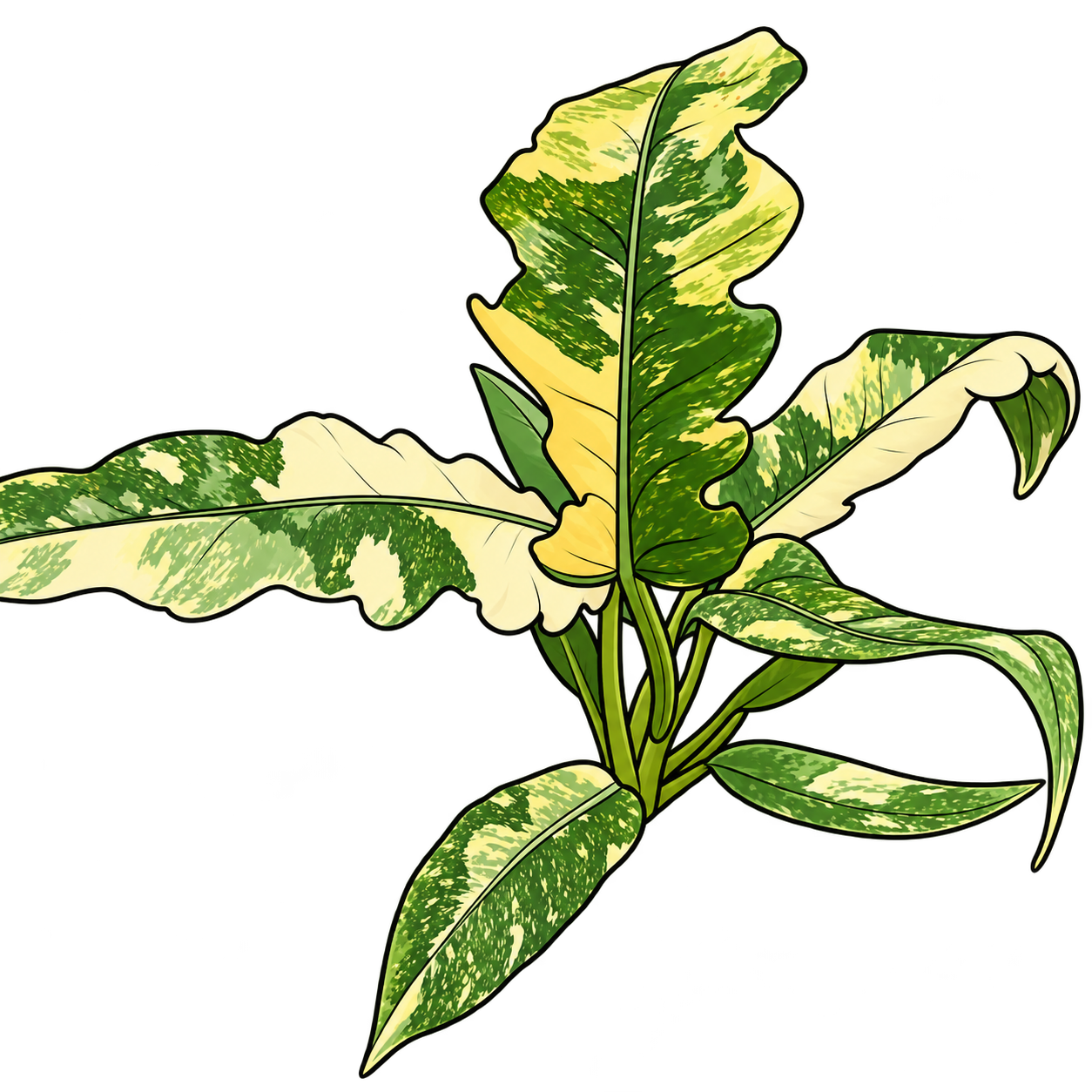 Black-outlined botanical illustration of Ring of Fire Philodendron: Irregular long serrated/lobed blades; uneven cream-yellow sectors and green mottles