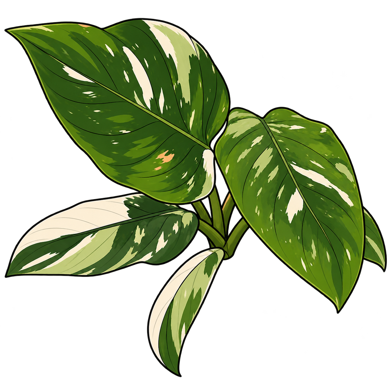 Black-outlined botanical illustration of White Princess Philodendron: Pointed oval green blades; Irregular cream-white sectors and mottled streaks; Compact upright juvenile growth and visible petioles