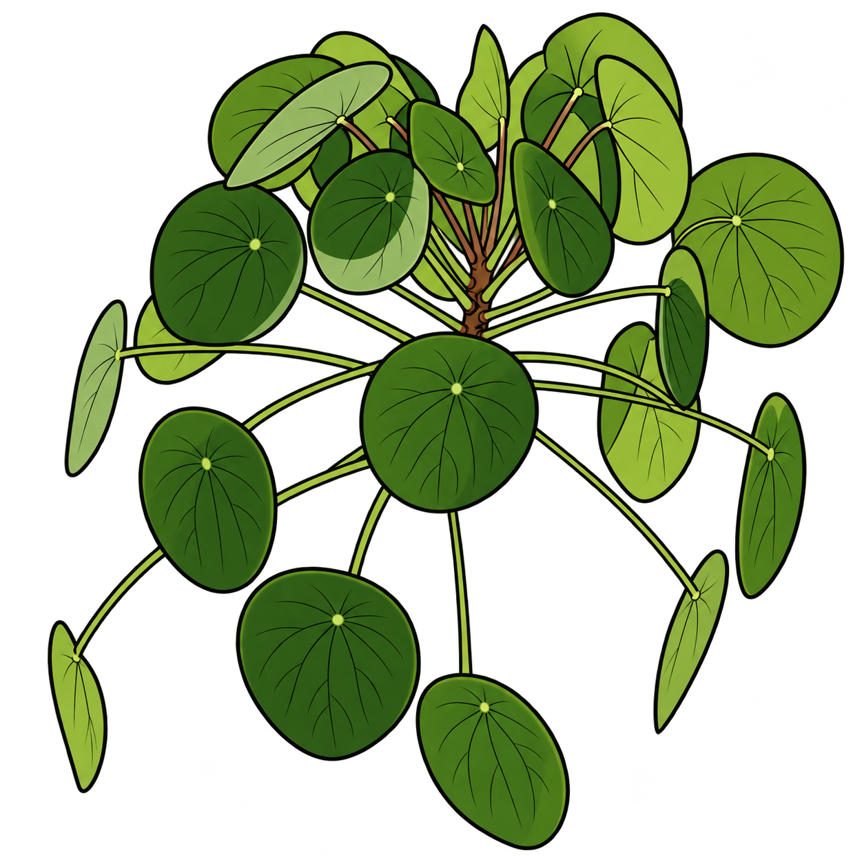 Black-outlined botanical illustration of Chinese Money Plant: Round peltate blades; Long slender petioles attaching near leaf center; Petioles radiate from central erect stem