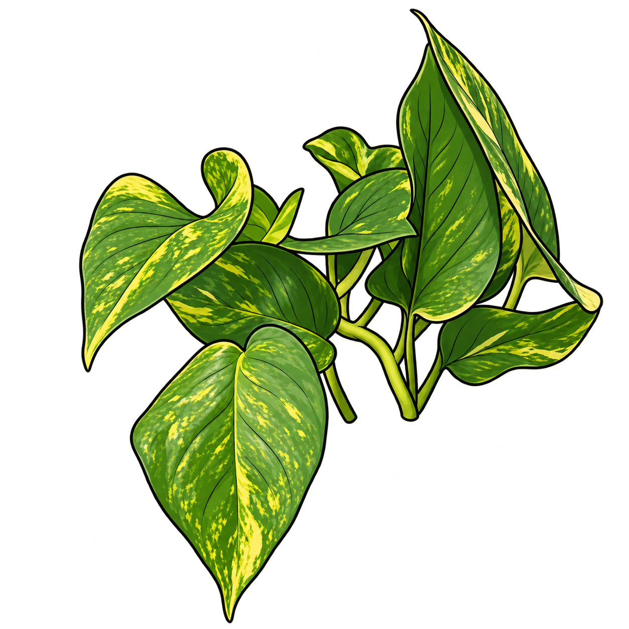 Black-outlined botanical illustration of Golden Pothos: Heart-shaped to ovate pointed blades; Irregular yellow/chartreuse variegation on green foliage; Slender vine and petioles