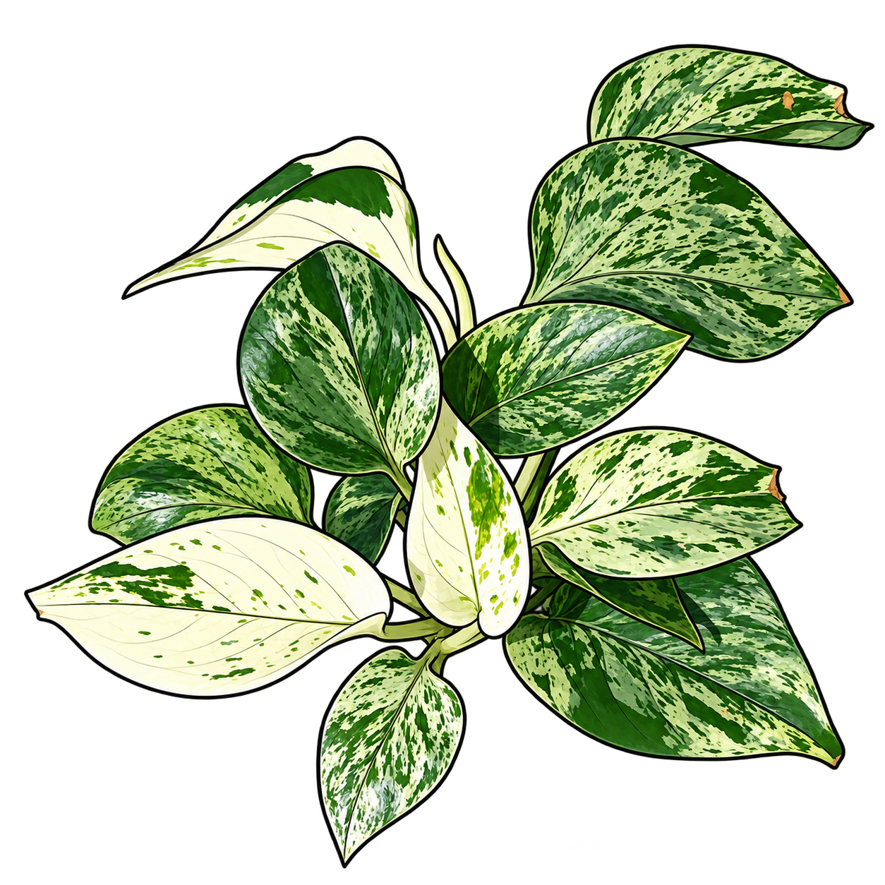 Black-outlined botanical illustration of Marble Queen Pothos: Dense cream-white irregular marbling across green leaves; Heart to oval pointed blades; Clustered juvenile vining shoots and visible petioles
