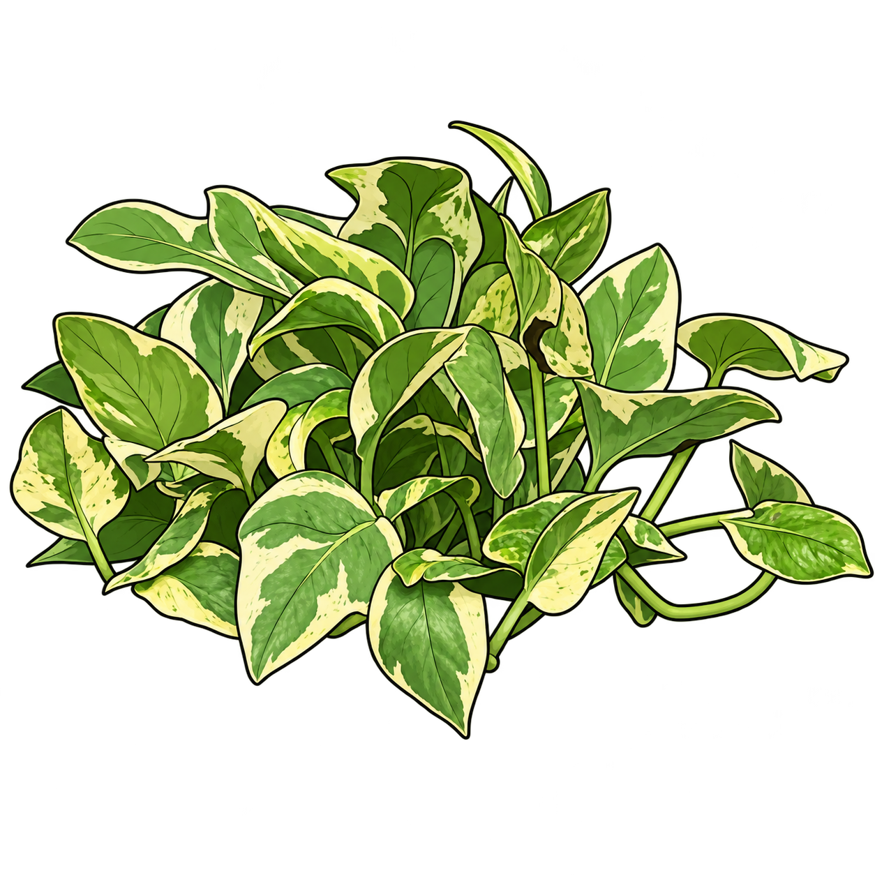 Black-outlined botanical illustration of Pearls and Jade Pothos: Small pointed heart/oval leaves; Cream-white irregular border sectors with green fields and flecks; Dense juvenile vining habit and folded blades