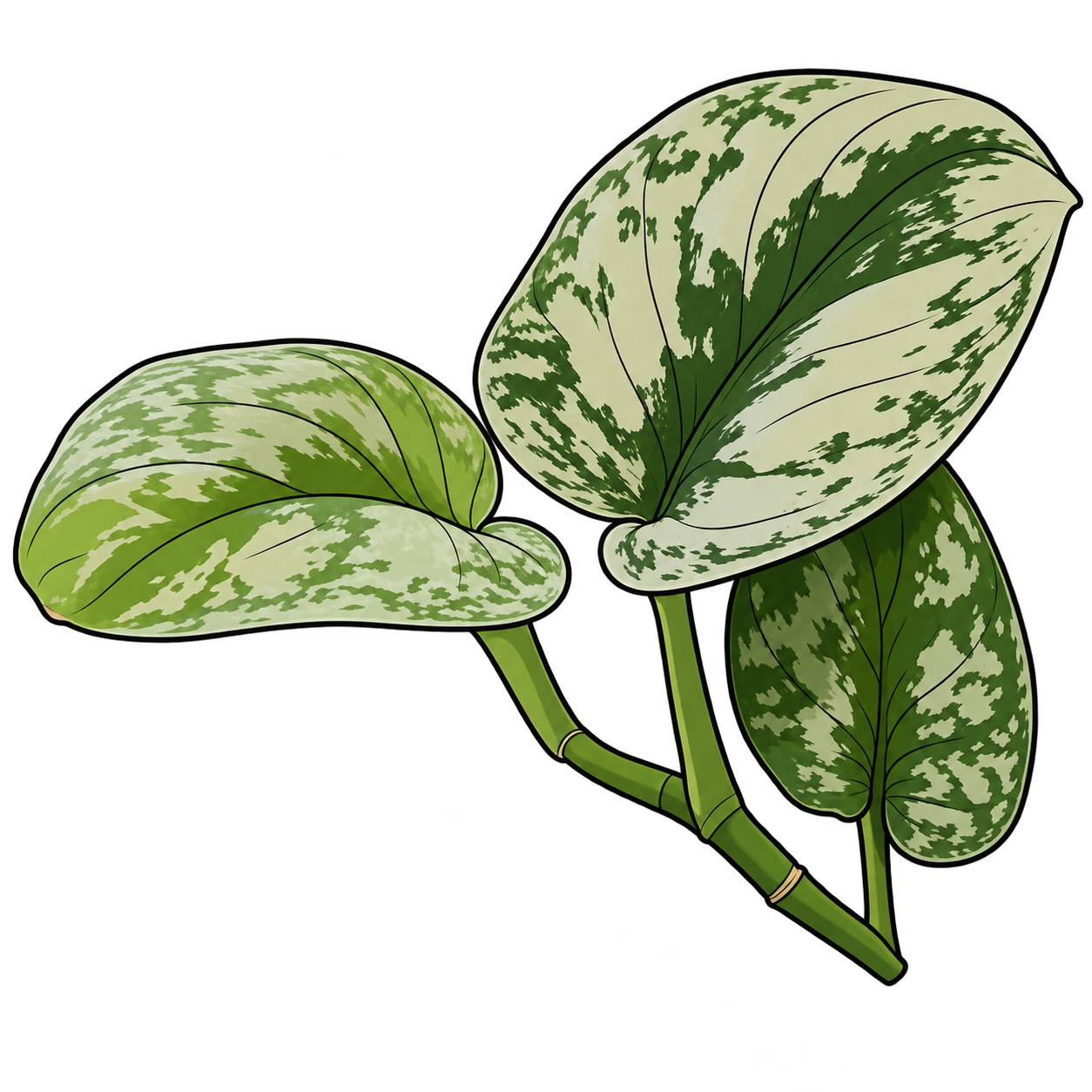 Black-outlined botanical illustration of Exotica Satin Pothos: Broad asymmetric heart/oval leaves; generous silvery pattern fields; dark green interruptions