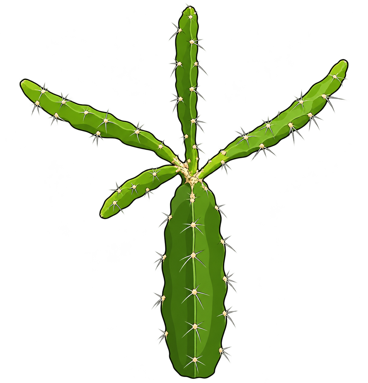 Black-outlined botanical illustration of Climbing Night-Blooming Cactus: Thick upright green ridged basal cactus stem; four narrow upper shoots; gently scalloped ridges; pale areoles; fine whitish bristle spines.
