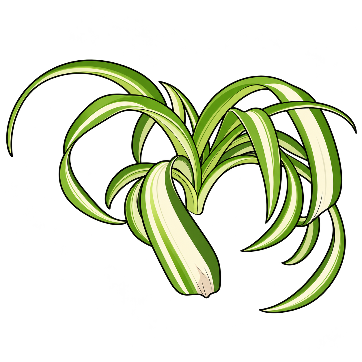 Black-outlined botanical illustration of Bonnie Spider Plant: Looping and curled strap leaves; Cream center stripes; Green edges; Irregular front leaf tip