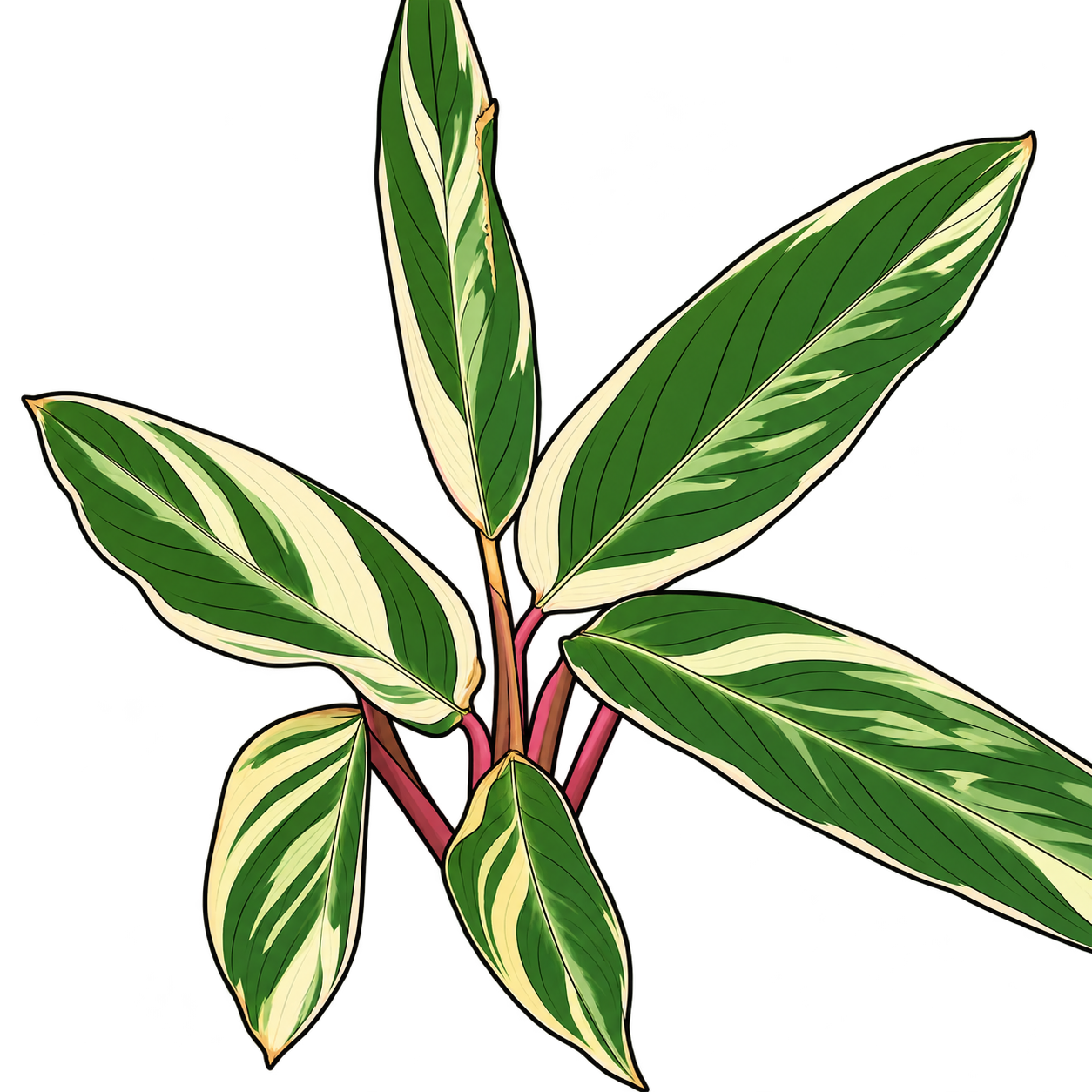 Black-outlined botanical illustration of Triostar Stromanthe: Long lanceolate pointed leaves; Green blades with irregular cream sectors and marginal bands; Pink-red sheaths and petioles