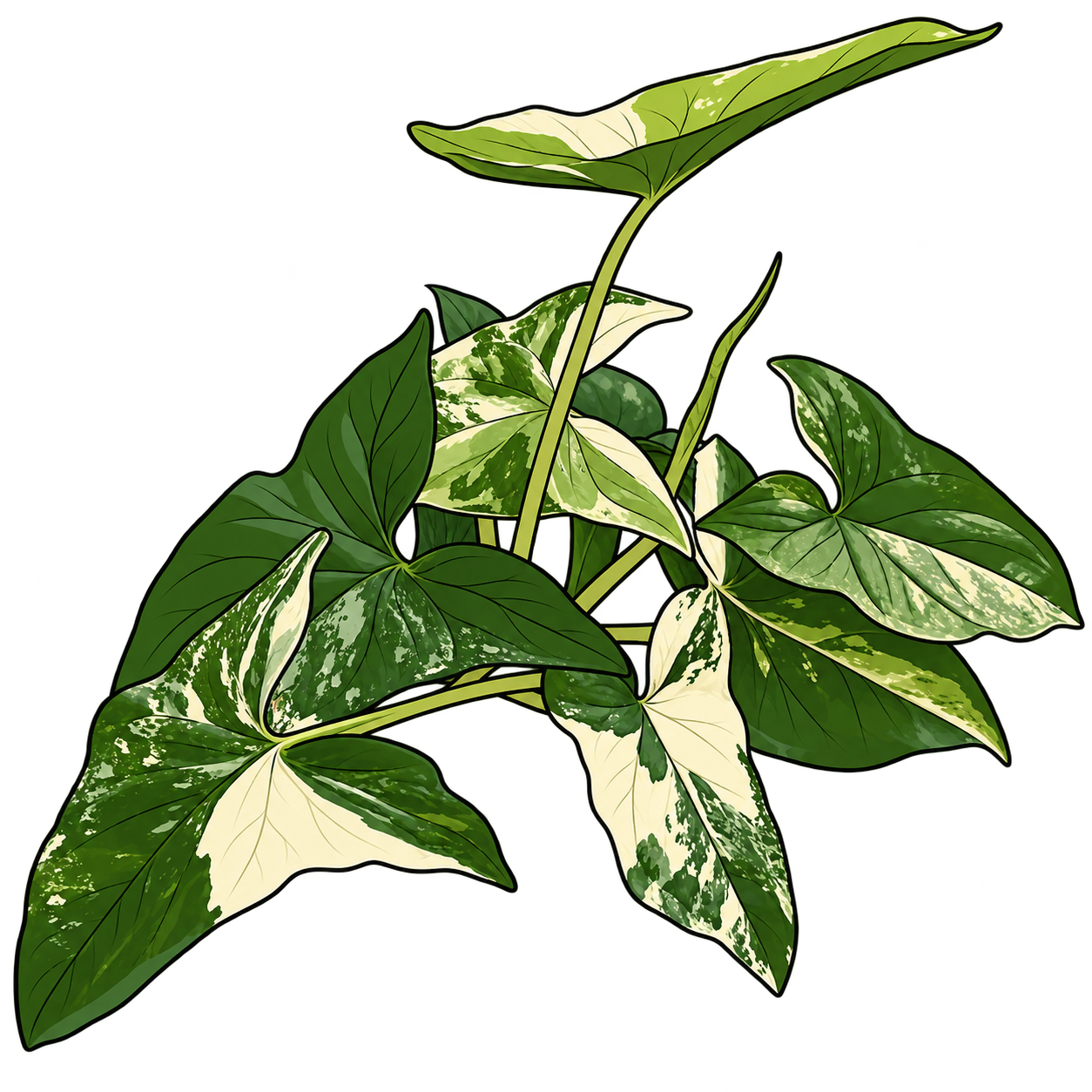 Black-outlined botanical illustration of Albo Variegata Syngonium: Arrowhead blades with basal lobes; Irregular ivory-white sectors and green marbling; Unequal vining petioles and leaf orientations