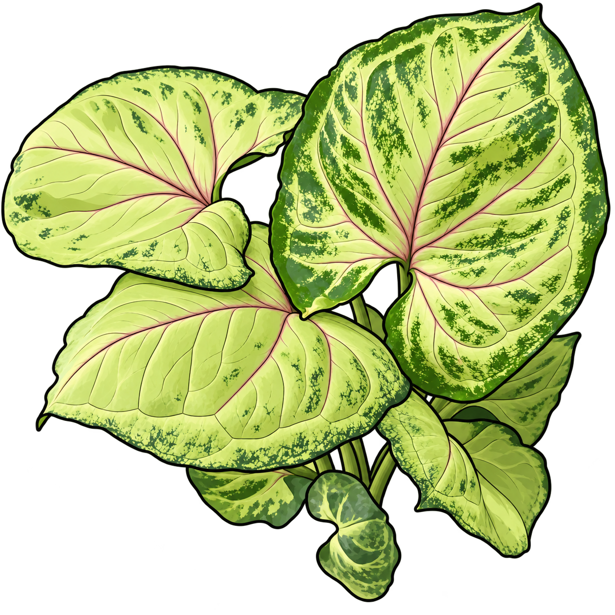 Black-outlined botanical illustration of Cream Allusion Syngonium: Broad arrowhead leaves; pale cream-green centers; dark green patterned margins and pink midribs