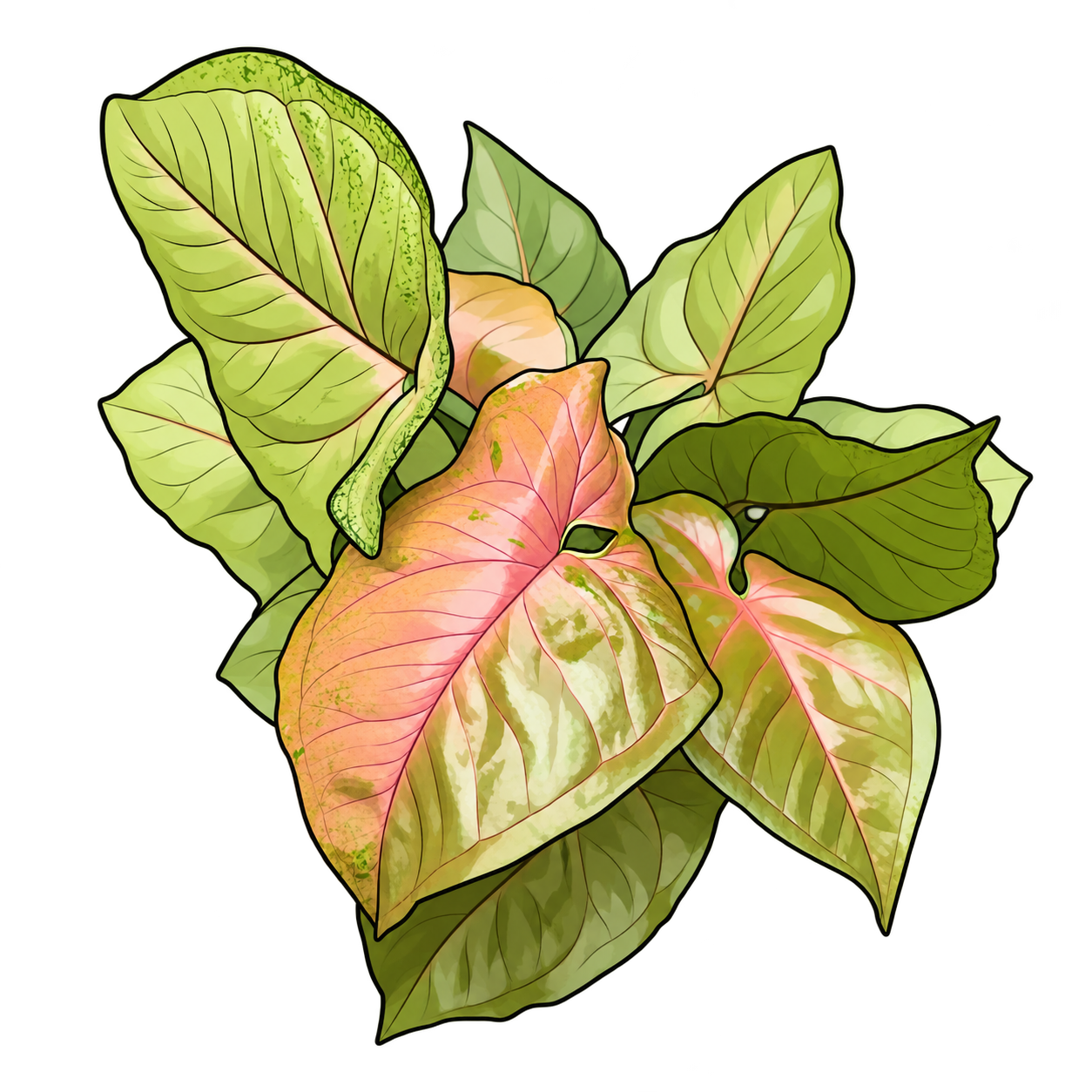 Black-outlined botanical illustration of Maria Allusion Syngonium: Arrowhead blades with basal lobes; juvenile copper-pink and green color relationships; compact unequal cluster