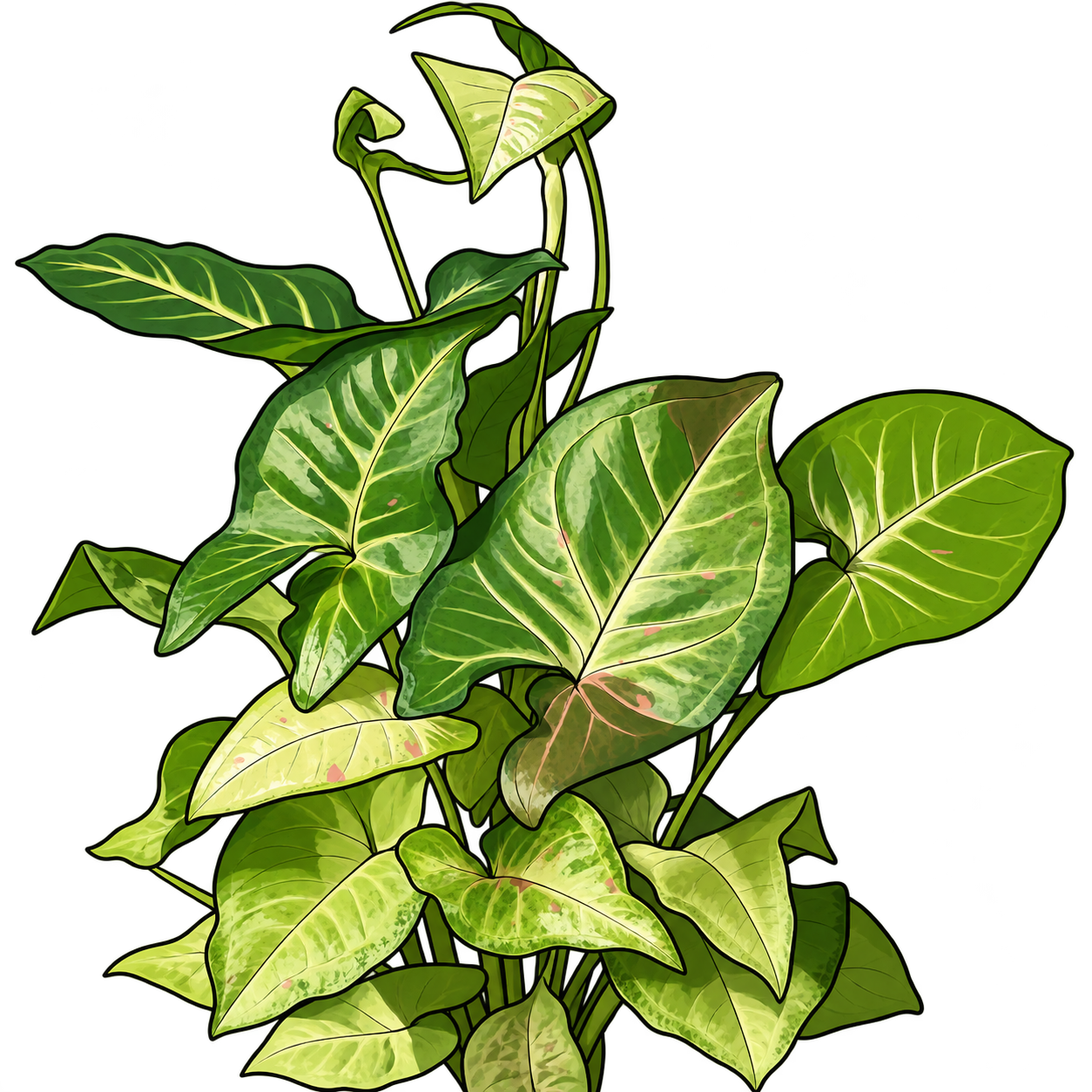 Black-outlined botanical illustration of Milk Confetti Syngonium: Arrowhead leaves; pale cream-green variegation; restrained pink/copper flecks