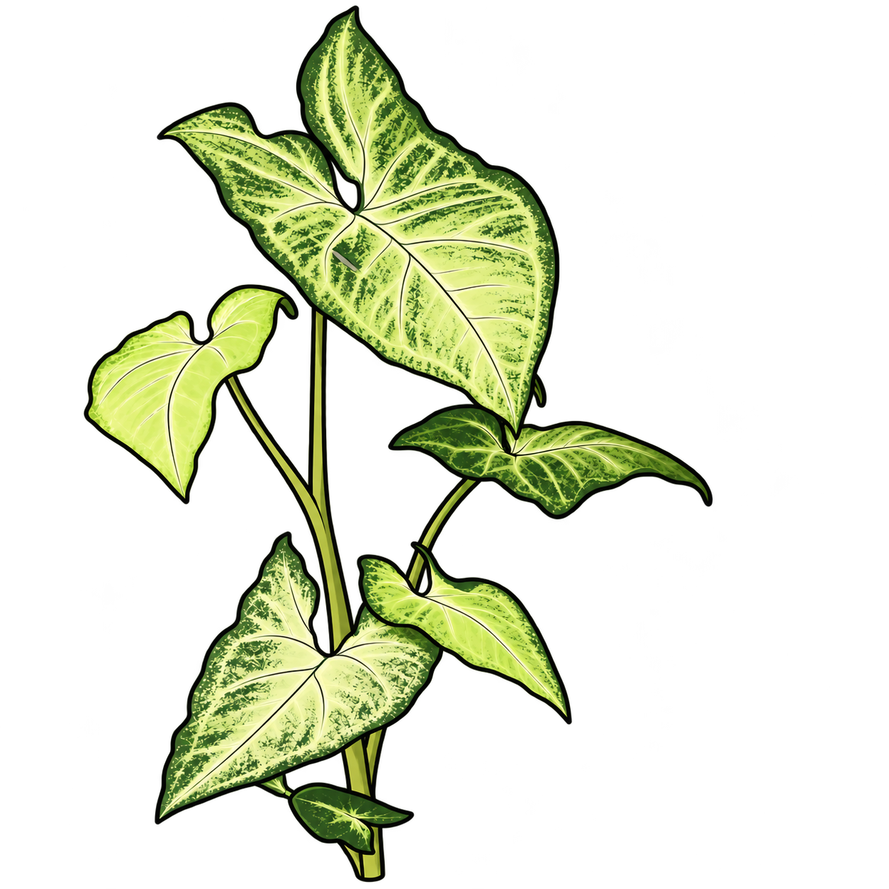 Black-outlined botanical illustration of White Butterfly Syngonium: Arrowhead-shaped blades with basal lobes; Pale cream to light-green centers with darker green margins; Upright vining habit and visible petioles