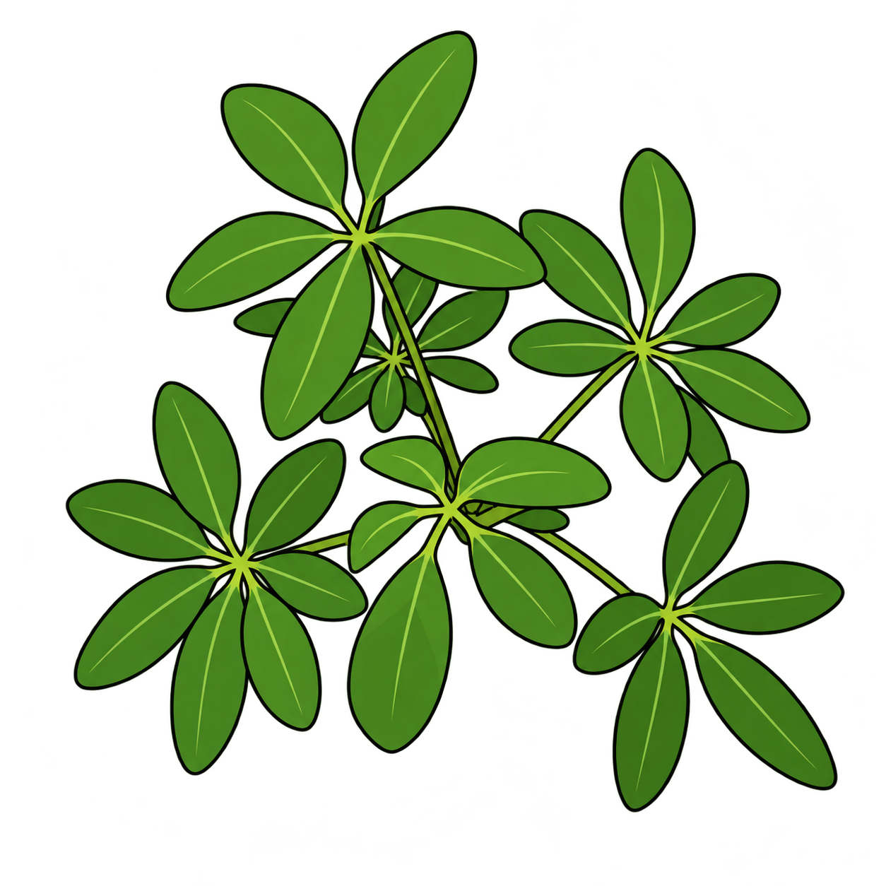 Black-outlined botanical illustration of Dwarf Umbrella Tree: Palmate clusters; Green oval to obovate leaflets; Slender green petioles; Juvenile architecture