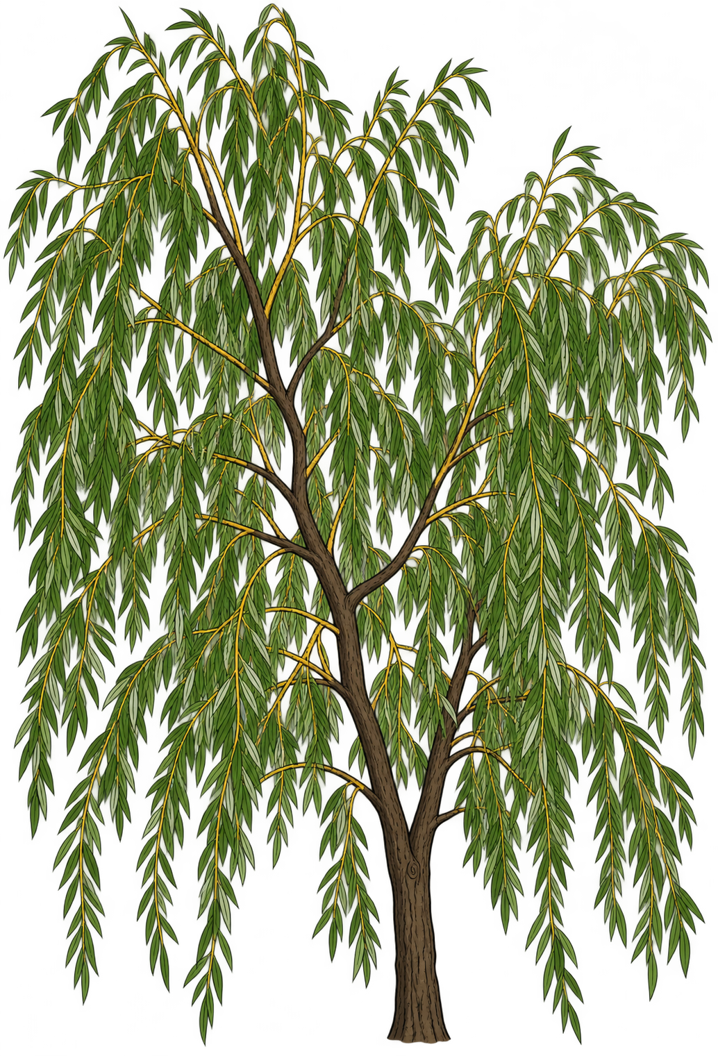 Black-outlined botanical illustration of Golden Weeping Willow: Upright branching dark-brown trunk; long pendulous leafy twigs; narrow lance-shaped green leaves; airy cascading canopy; golden-yellow young twigs in the detail source.
