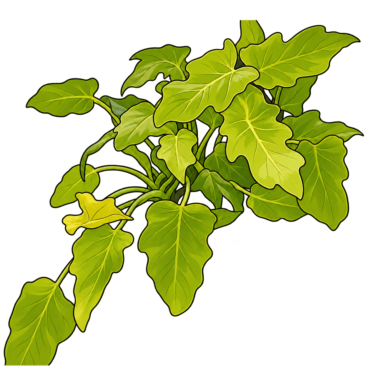 Black-outlined botanical illustration of Golden Xanadu: Unequal deep lobes; chartreuse/green color relationships; slender petioles