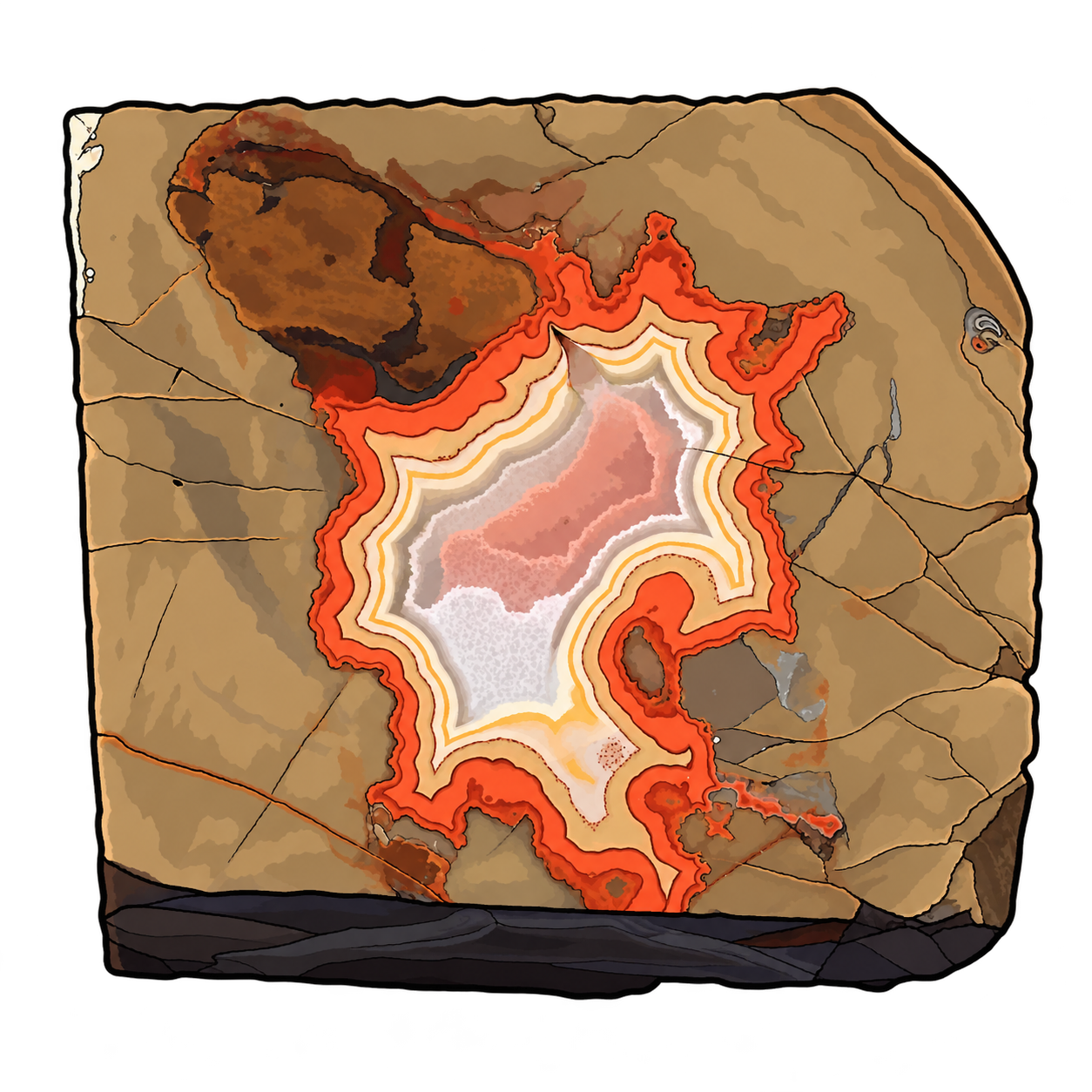 An angular agate illustration with ochre and cream bands surrounding a pale pink-white center, dark fissures and a rough brown lower edge.