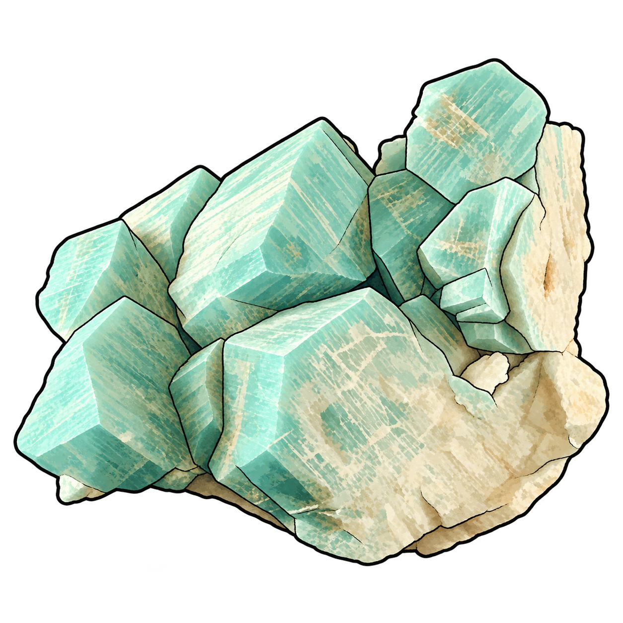 A cluster of aqua-green, blocky crystals illustrated with cream-colored streaks, stepped edges and a pale supporting matrix.