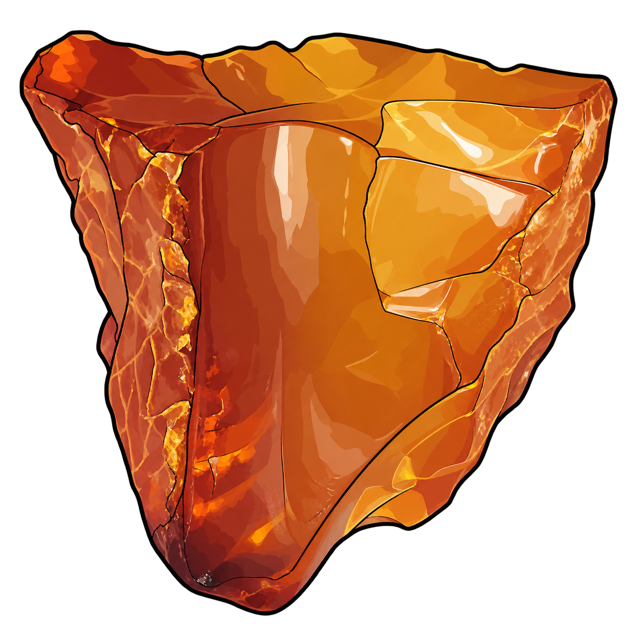 Amber illustrated as a broad, irregular fragment with honey-gold highlights, orange-red depths and dark lines crossing its glossy faces.