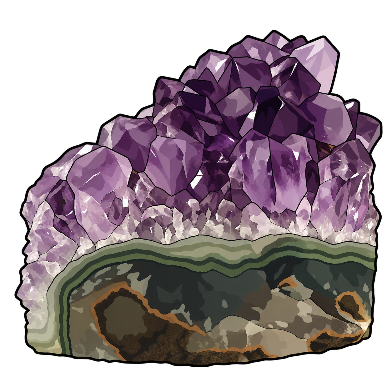 Amethyst illustrated as a cluster of violet points above pale crystal bases and a layered green-gray matrix.