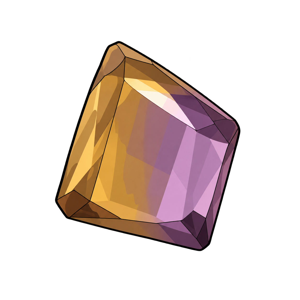 Ametrine illustrated as a rectangular faceted gem, with golden-yellow color on the left and violet on the right.
